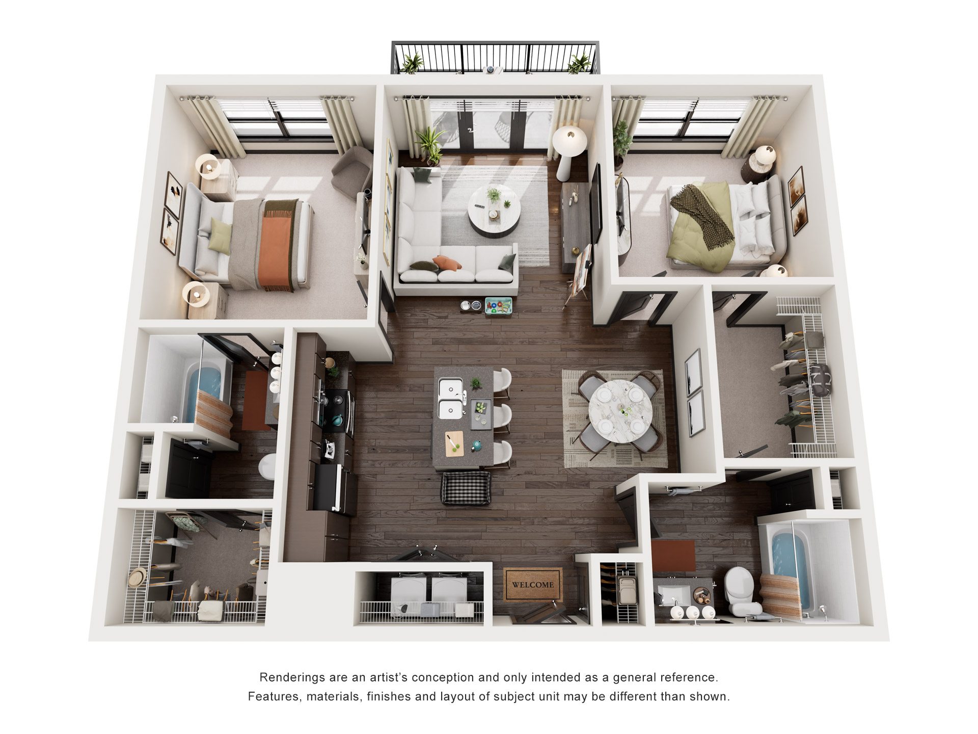 Floor plan for 2 beds, 2 baths, 1049 sqft